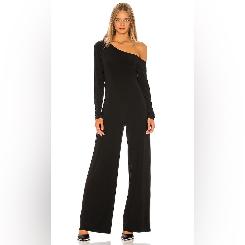 NORMA KAMALI Long Sleeve Drop Shoulder Black Slinky Jersey Jumpsuit EUC Size L - Picture 1 of 11